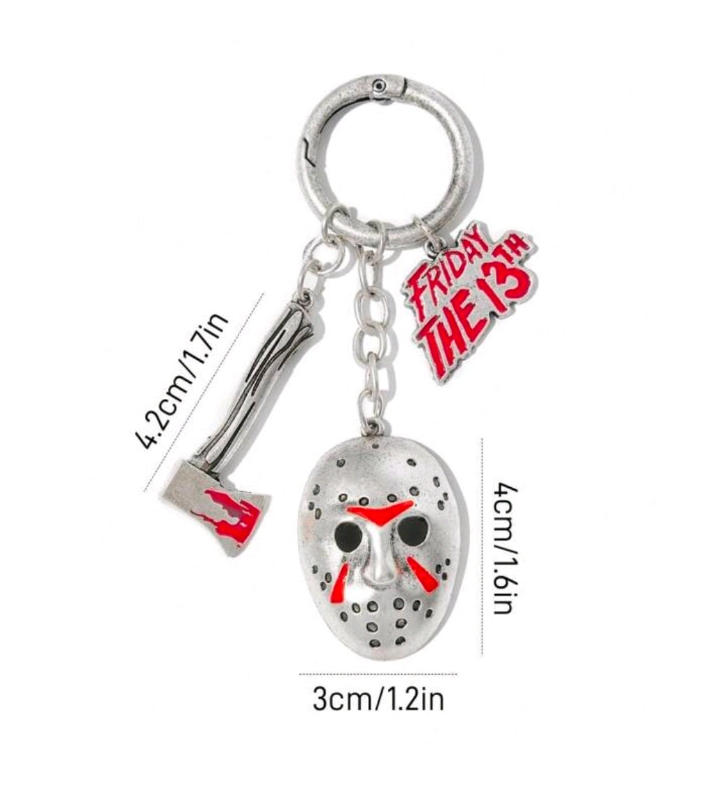 Antique silver keychain with hockey mask charm, axe charm, and Friday the 13th logo