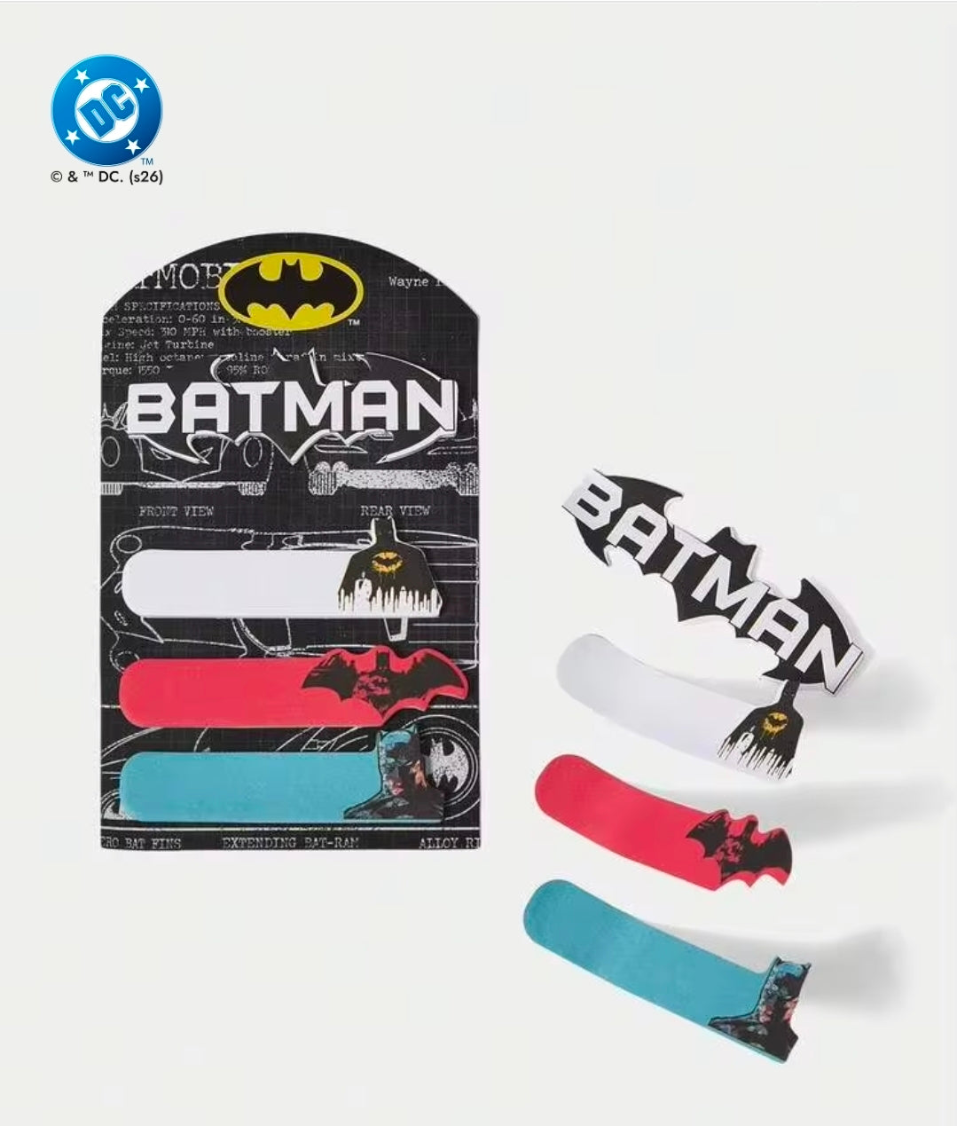 Batman zip pouch with three sticky note tab strips in red, white, and blue