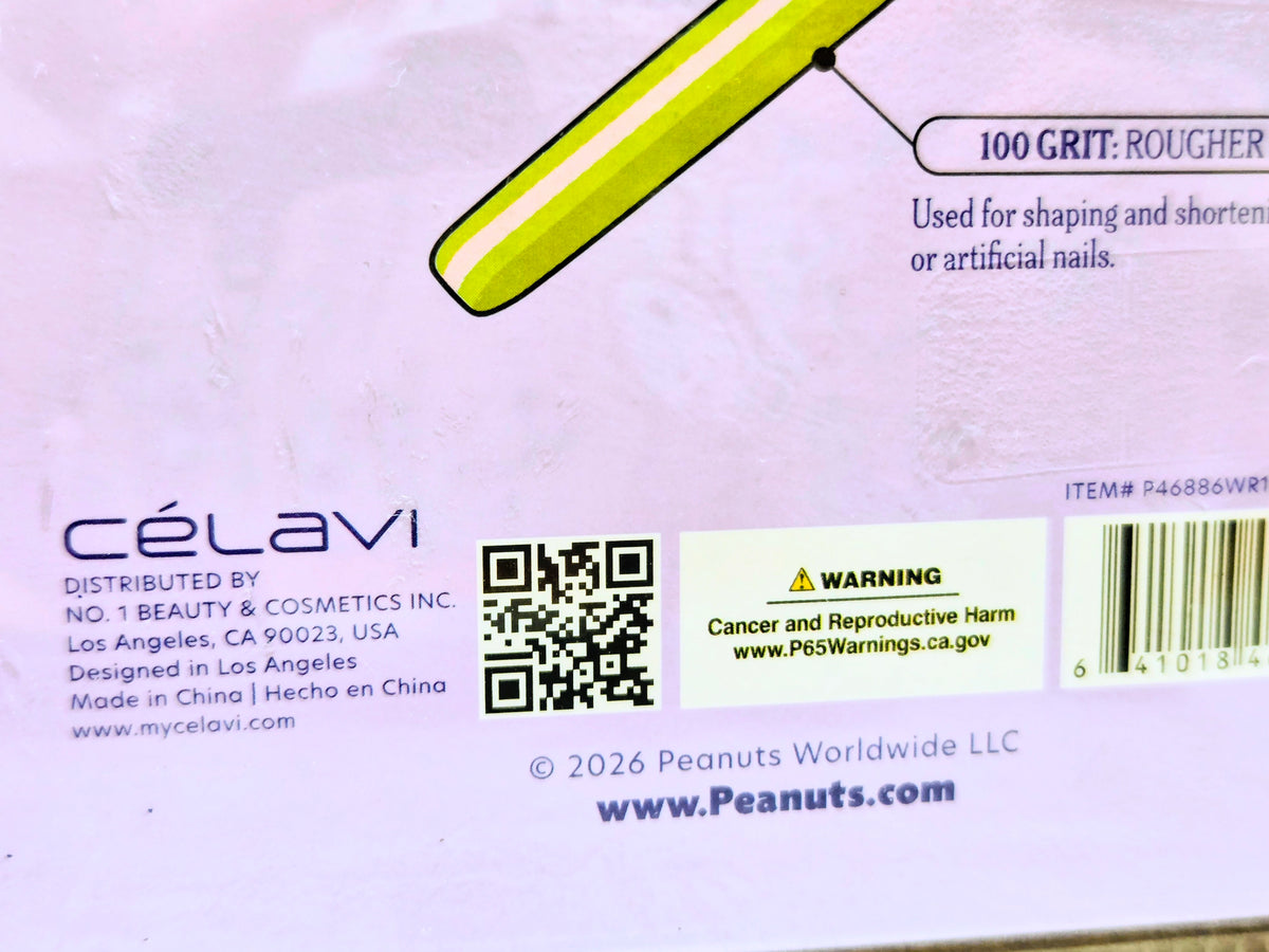 Nail file set label panel with caution icon and product warning on pink backing