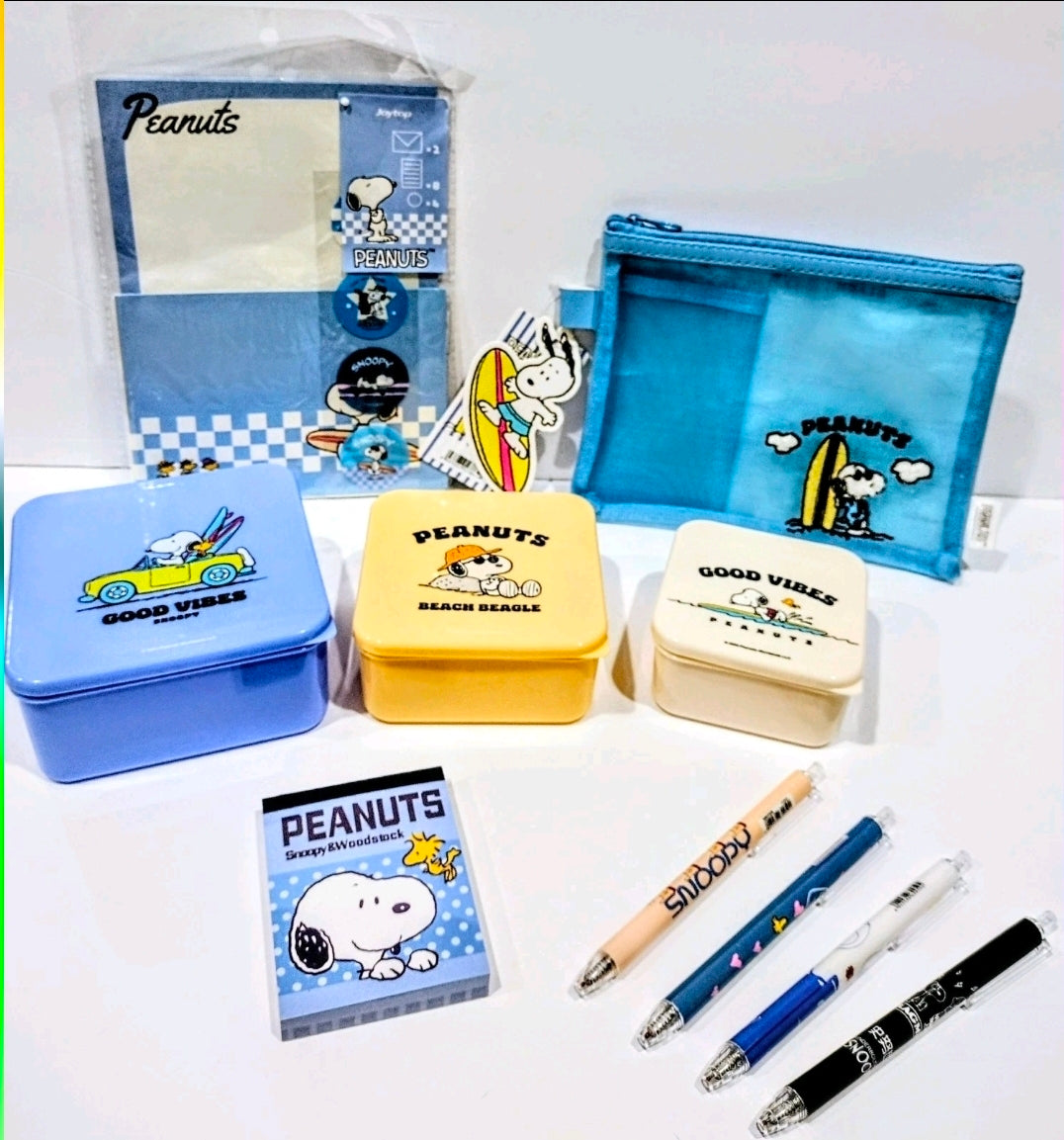Peanuts stationery bundle with blue zip pouch, notebooks, sticky notes, and pens