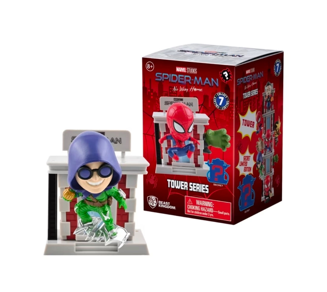 Spider-Man tower blind box figure with purple hood and green accessory beside retail box
