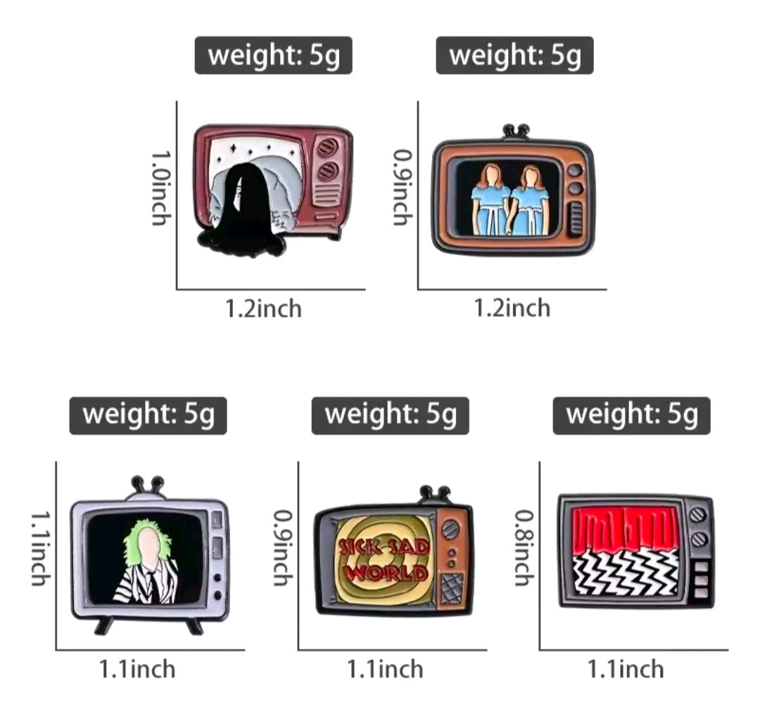 Five-piece enamel pin set with TV screen designs, five pins shown in a grid.