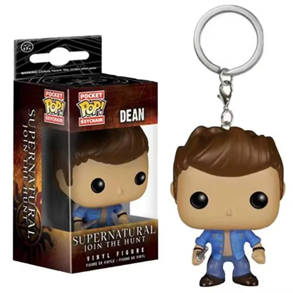 Vinyl keychain figure in box, blue-jacket character with metal keyring
