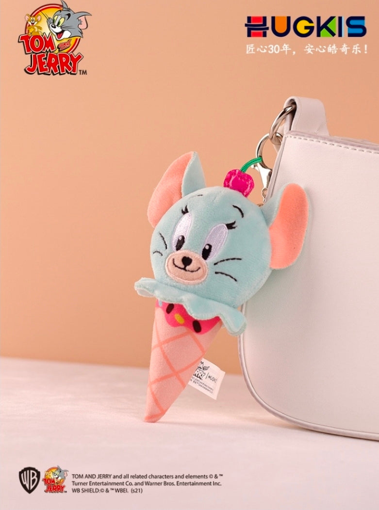 Light-blue plush ice cream cone keychain with cherry topper on a bag clip