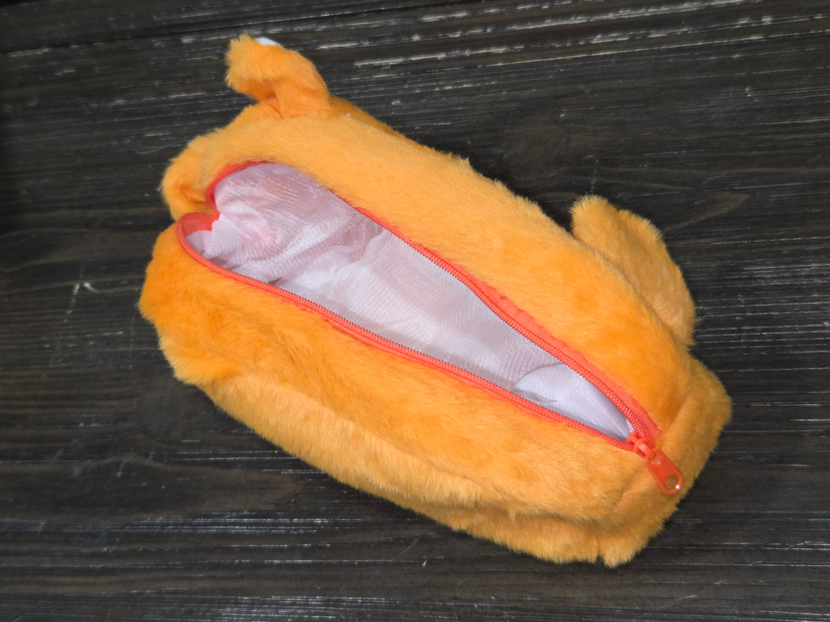 Tigger plush zipper pencil and makeup bag with open zipper and pink-lined interior
