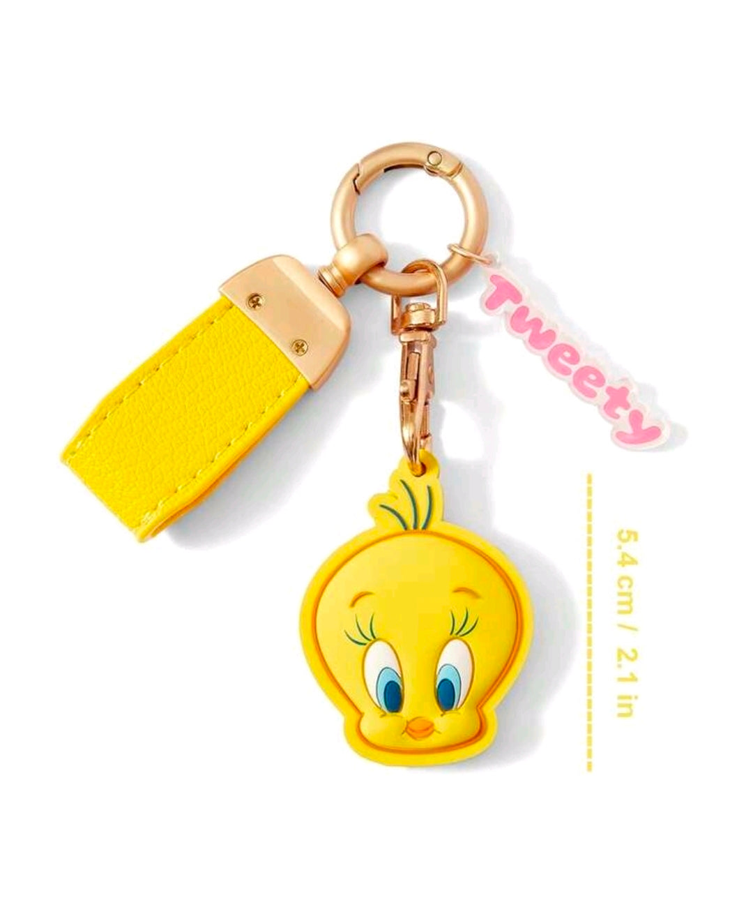 Yellow keychain strap with Tweety Bird round face charm and gold ring