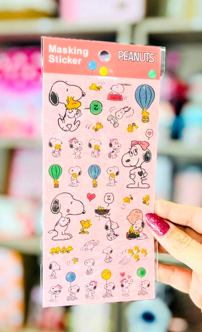 Peanuts Snoopy masking sticker sheet with balloons, hearts, and small character poses