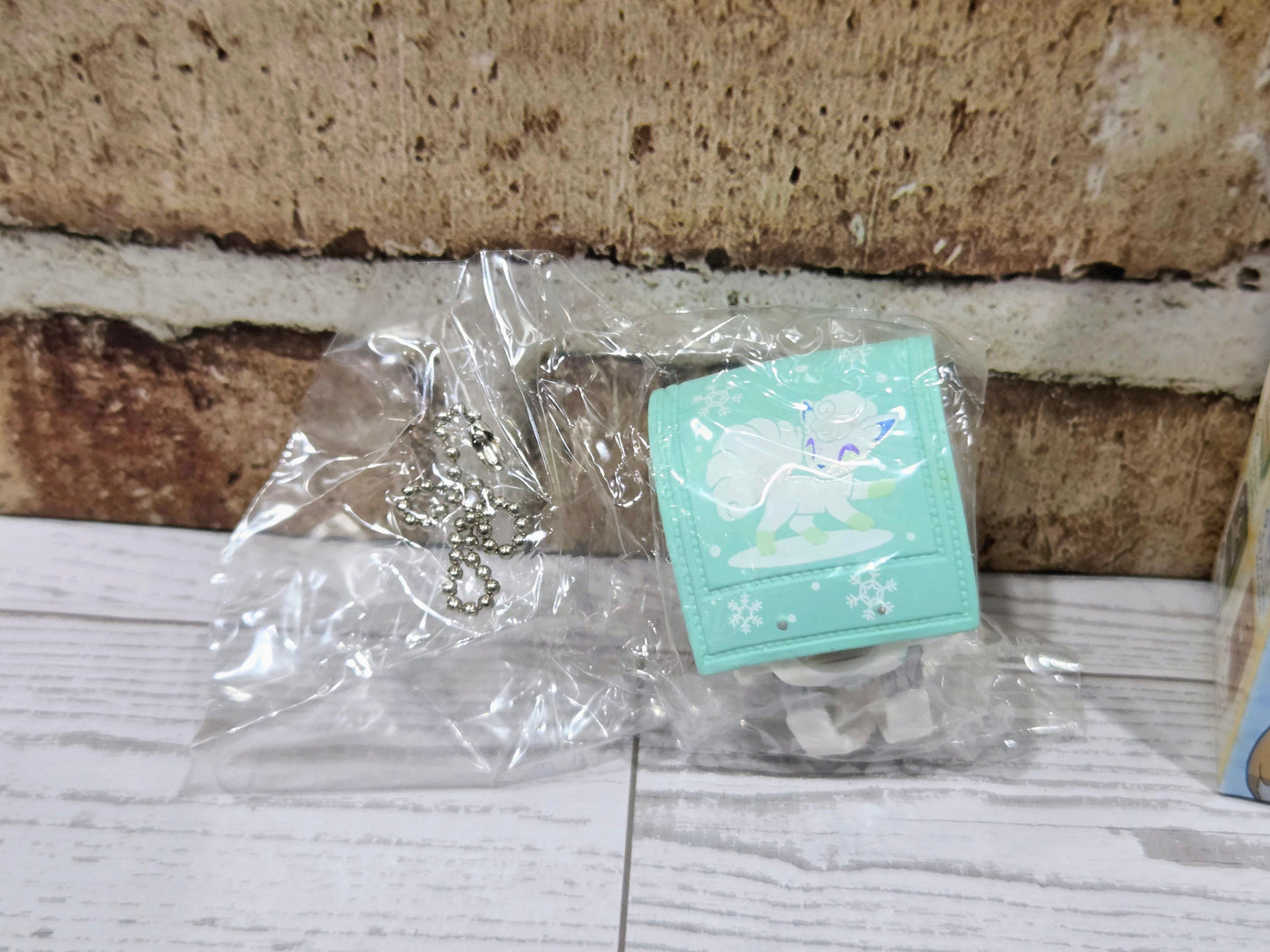 Light blue card wallet accessory with snowflake design, inside a clear plastic bag