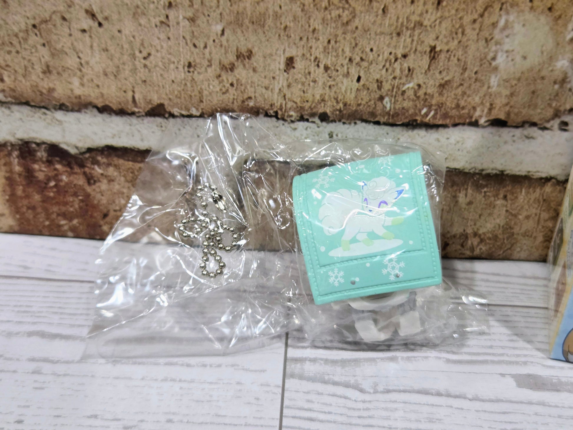 Light blue card wallet accessory with snowflake design, inside a clear plastic bag