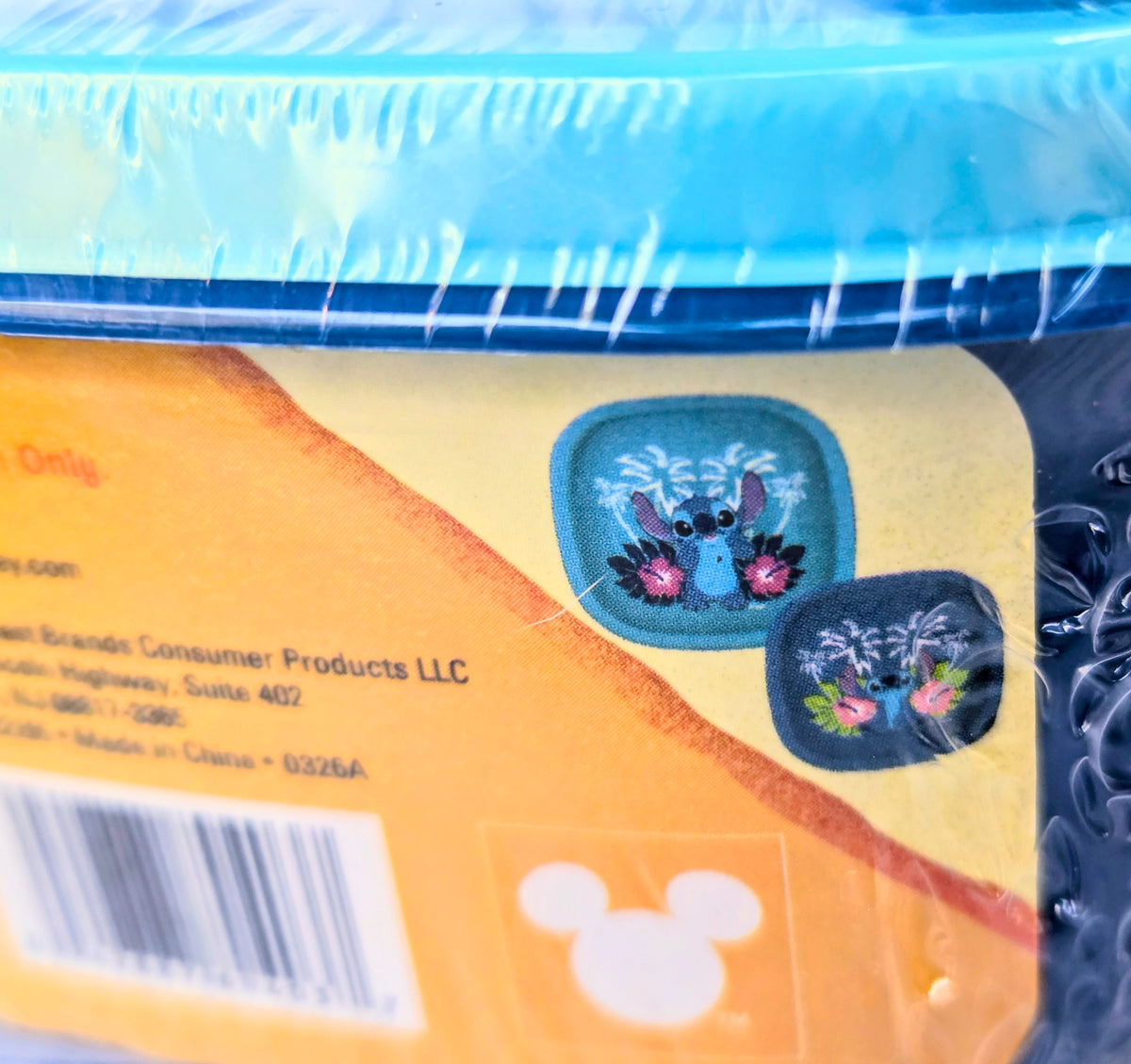 Blue Stitch container label on plastic pouch with barcode and product details