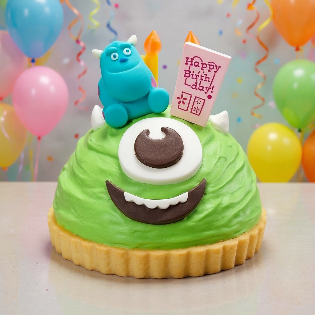 Green sponge cake mini figure with teal monster, Happy Birthday card, and orange candles