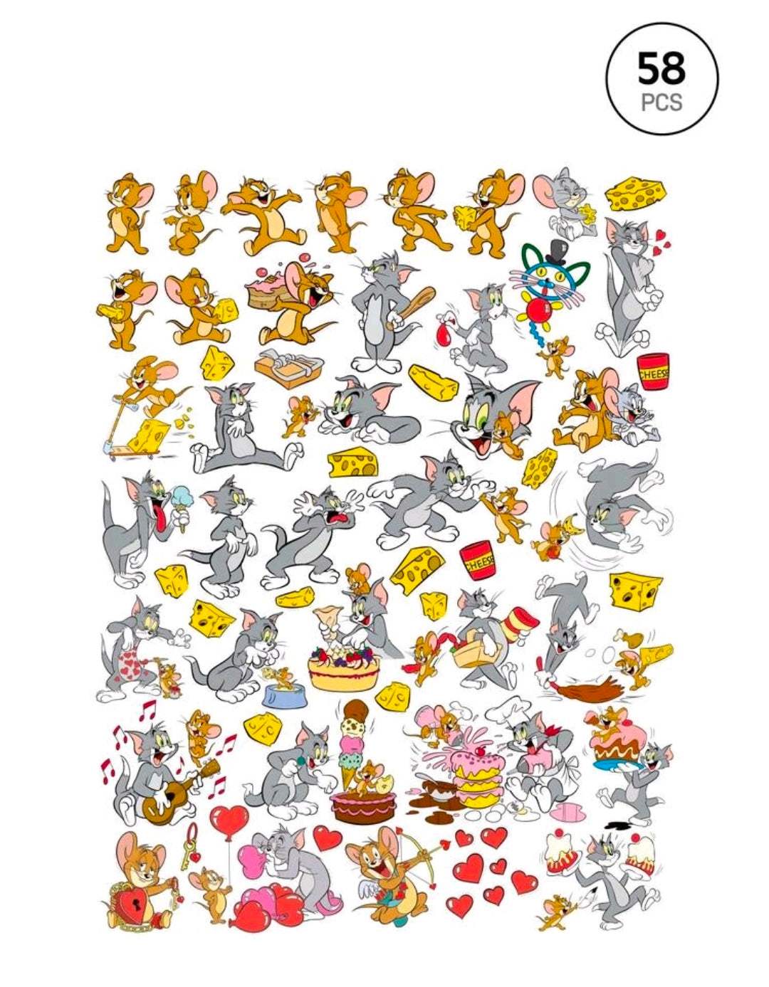 Sheet of Tom and Jerry vinyl stickers, 58 assorted character and food designs
