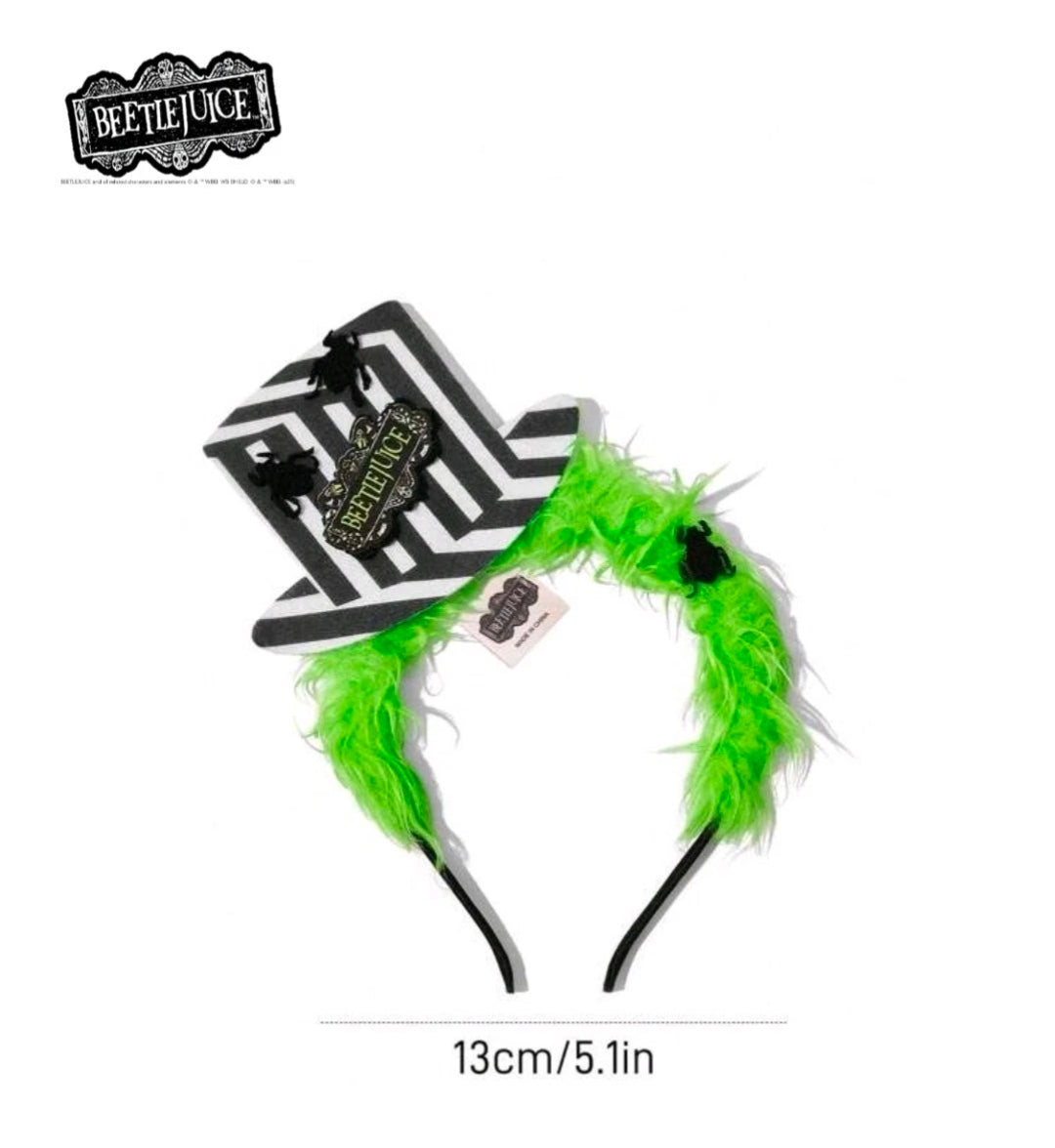 Green fur headband with striped mini top hat, Beetlejuice patch, 13cm/5.1in