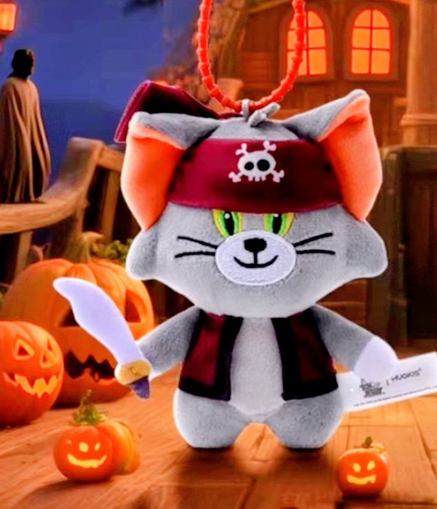 Pirate cat plush keychain, gray fur with red pirate hat and skull band