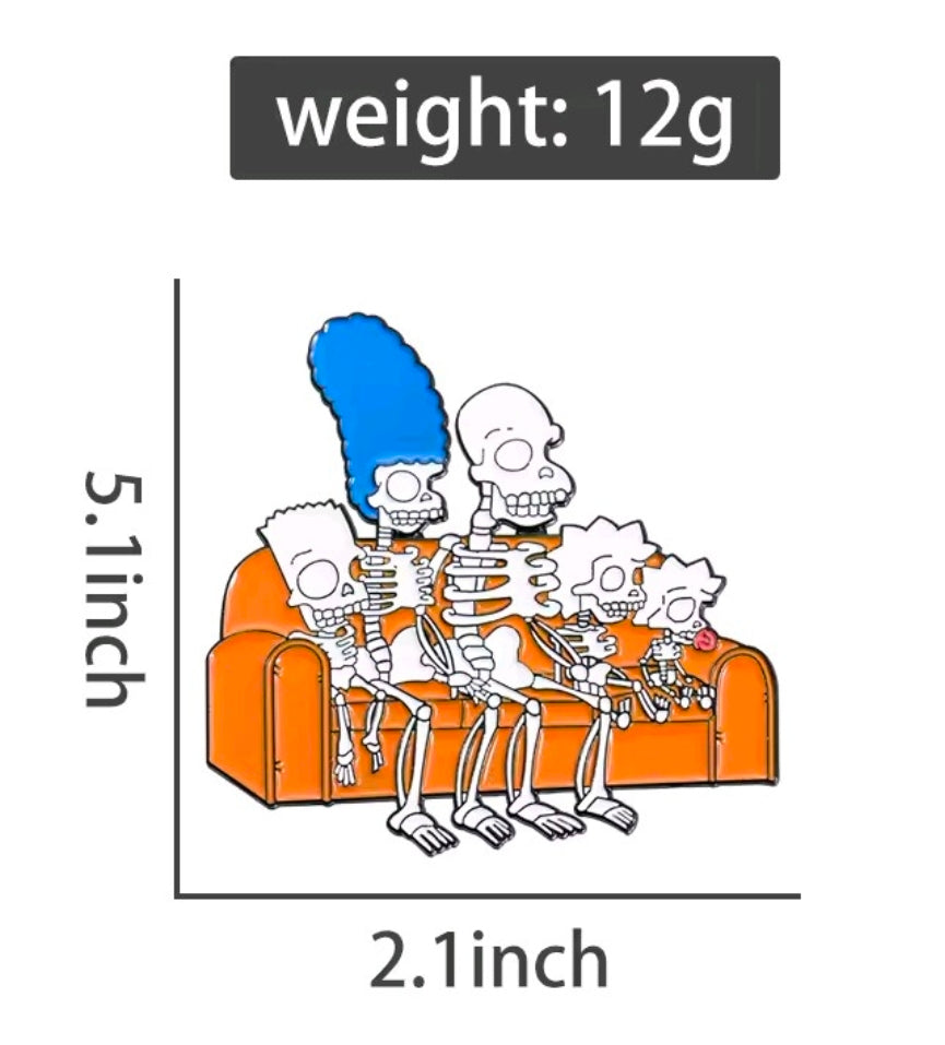 Skeleton couch enamel pin with orange recliners and blue hair on top
