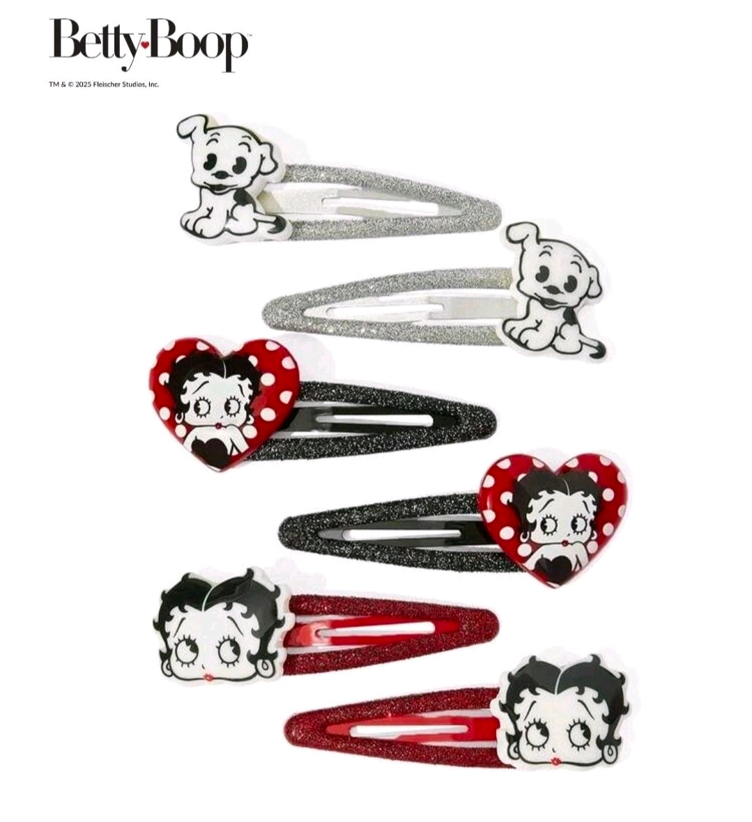 Assorted hair clips: silver and red glitter clips with cartoon character and heart pieces
