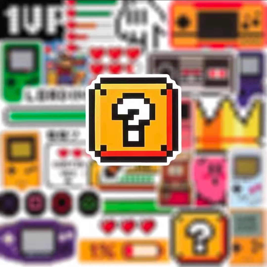 Nintendo sticker vinyl pack close-up of pixel emblems, controllers, hearts, and 1UP