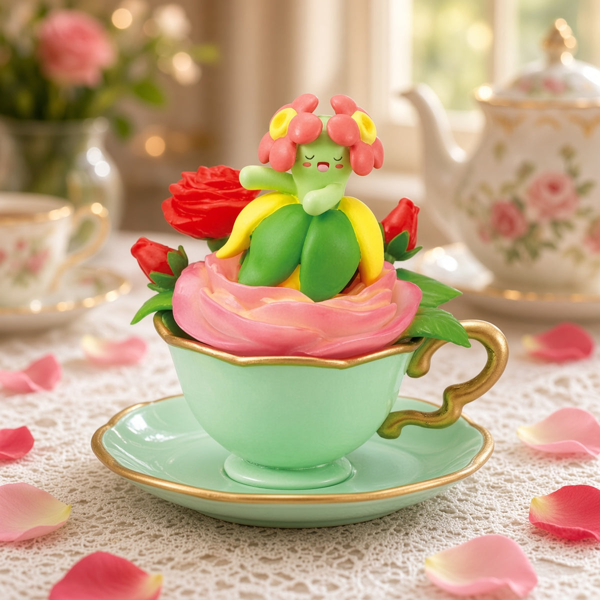 Mint green teacup mini figure with floral topper, pink rose and red accents