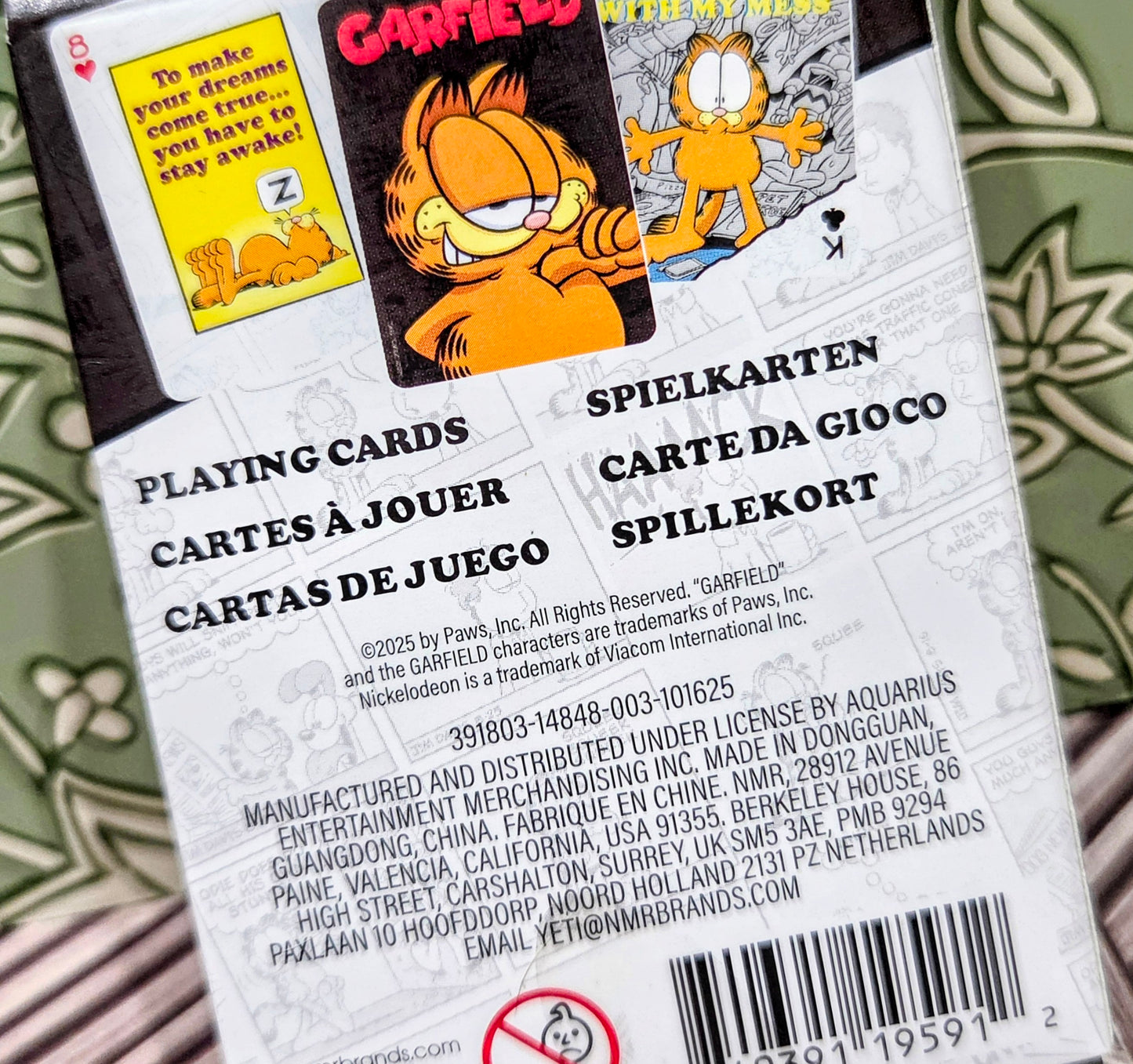 Garfield playing cards deck back close-up with printed details and barcode
