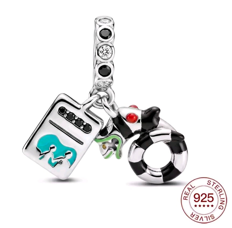 S925 silver charm with teal square, black cauldron, hoop ring; 925 hallmark visible