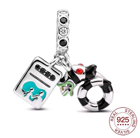 S925 silver charm with teal square, black cauldron, hoop ring; 925 hallmark visible