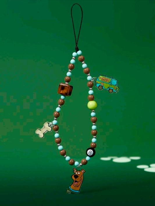 Scooby-Doo beaded phone lanyard with turquoise and brown beads, vehicle and Scooby charms