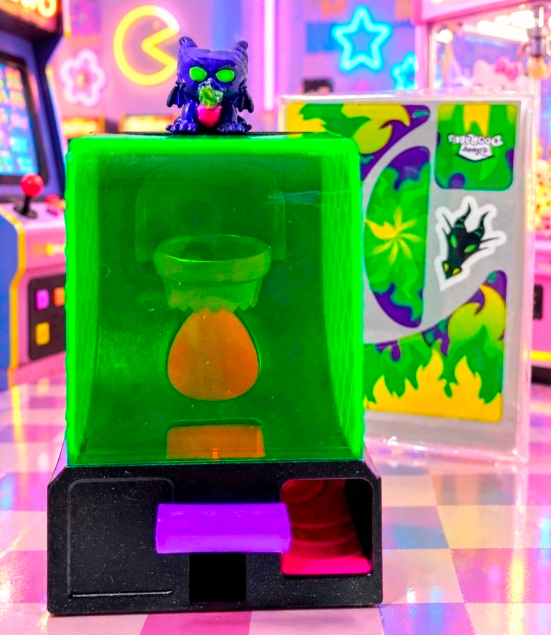 Arcade Hoopz toy base with green hoop stand and purple dragon figure