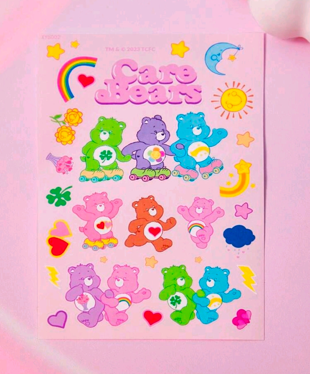 Sticker sheet set with Care Bears roller skate bears, rainbows, hearts, stars