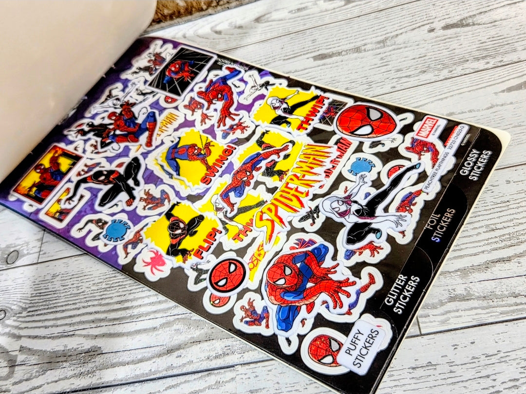 Spider-Man sticker sheet with assorted character stickers and labeled finishes
