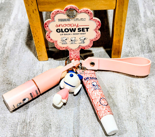 Pink Snoopy glow set keychain with lip balm, body mist, and small figure