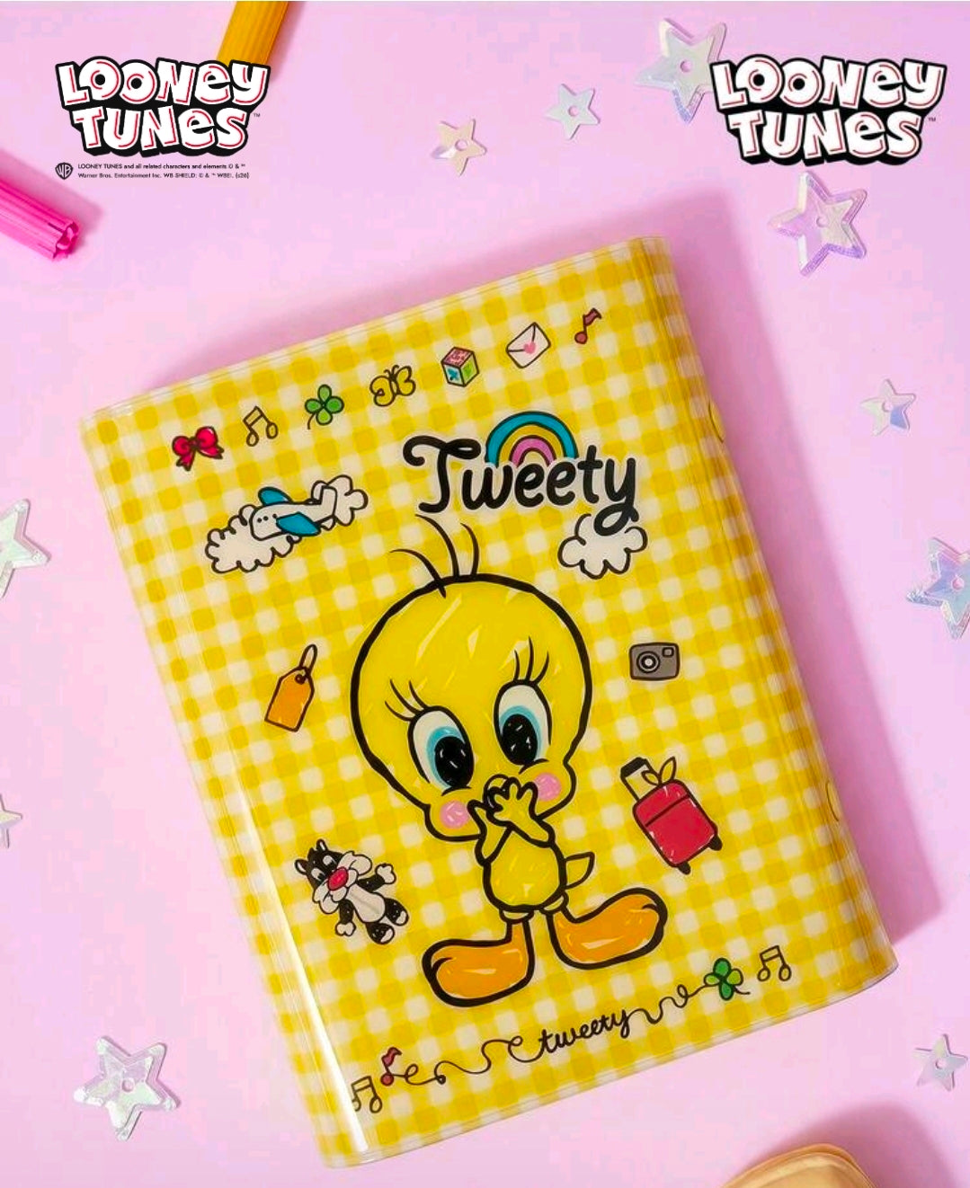 Yellow check-pattern Tweety bird sticker binder planner cover with small icons