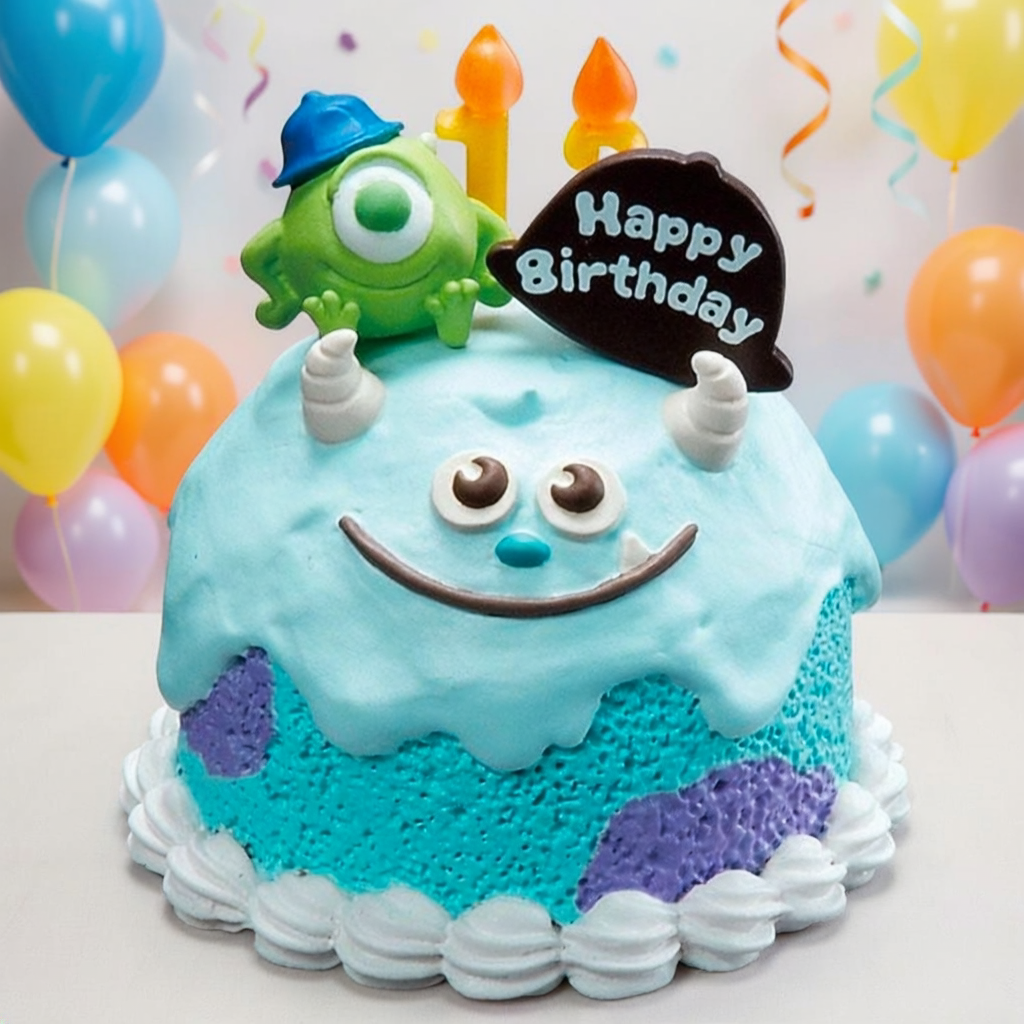 Mini birthday tart figure close-up with smiling cake face, candles, and Mike Wazowski topper