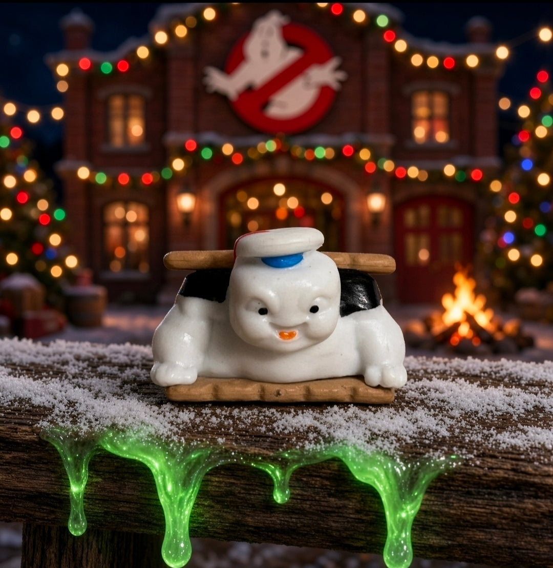 White mini figure toy resting on a wooden base with glowing green letters
