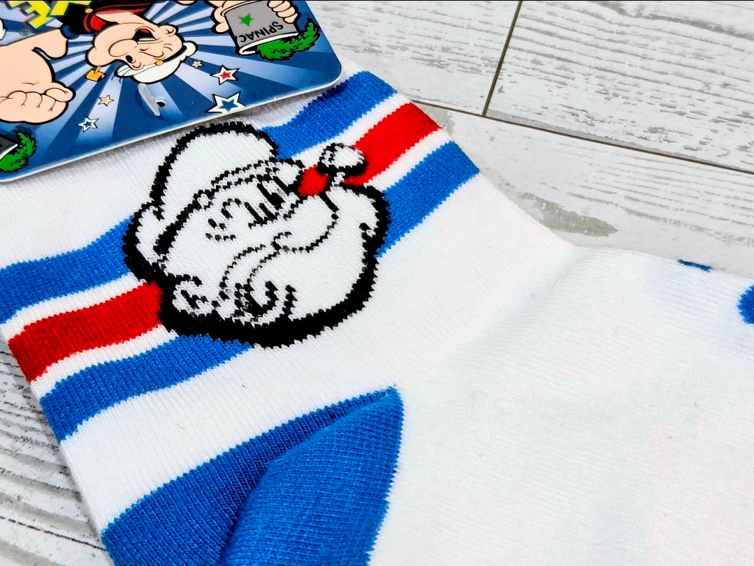 Quarter crew socks with Popeye face graphic and blue, red, white stripe bands