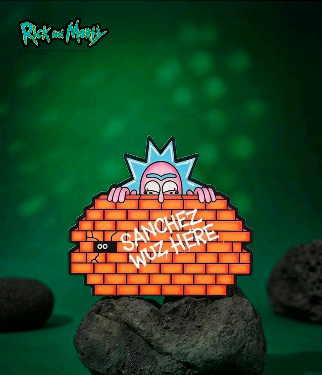 Brick-style die-cut sticky note with cartoon character hands and face
