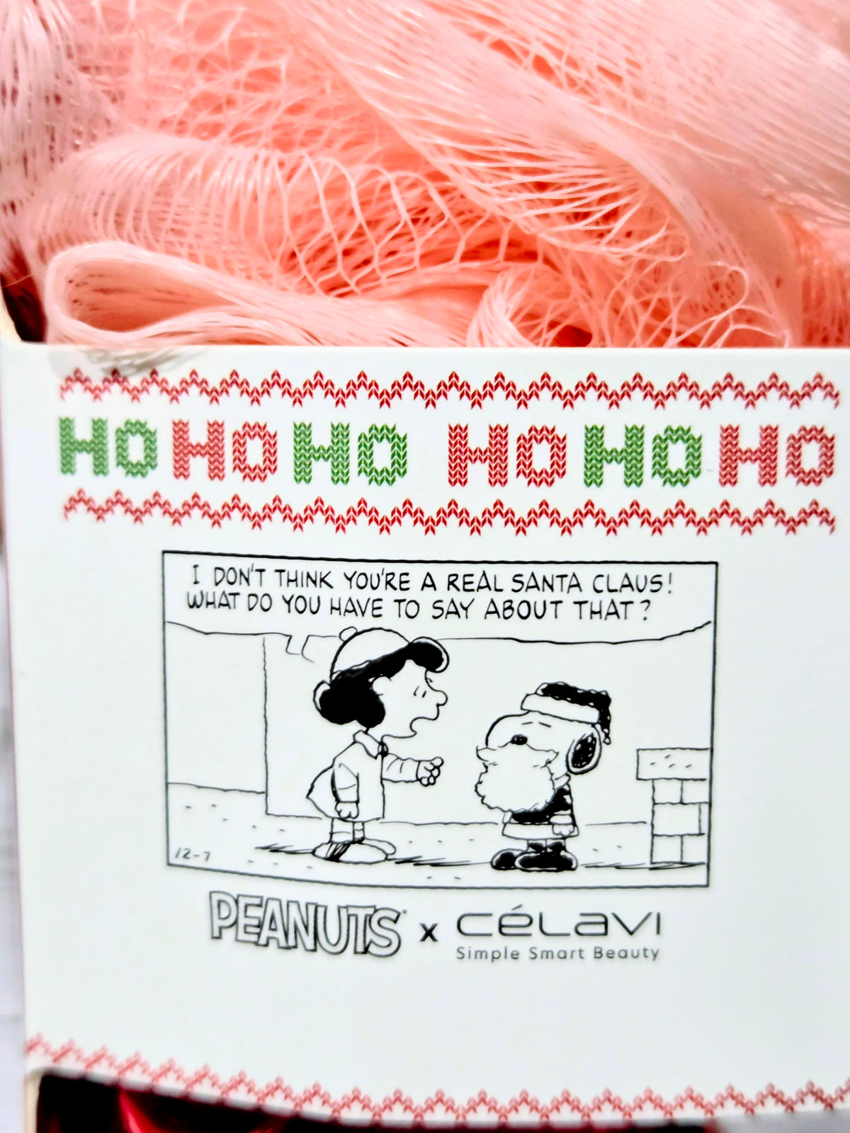 Peanuts Snoopy Christmas bath sponge gift set in boxed packaging