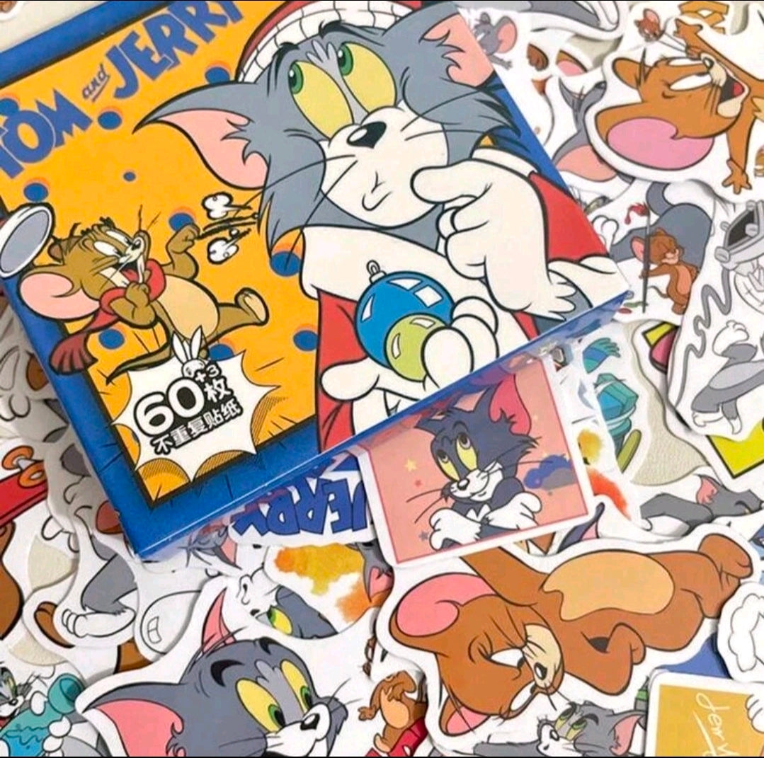 Tom and Jerry sticker pack box with loose character stickers scattered around