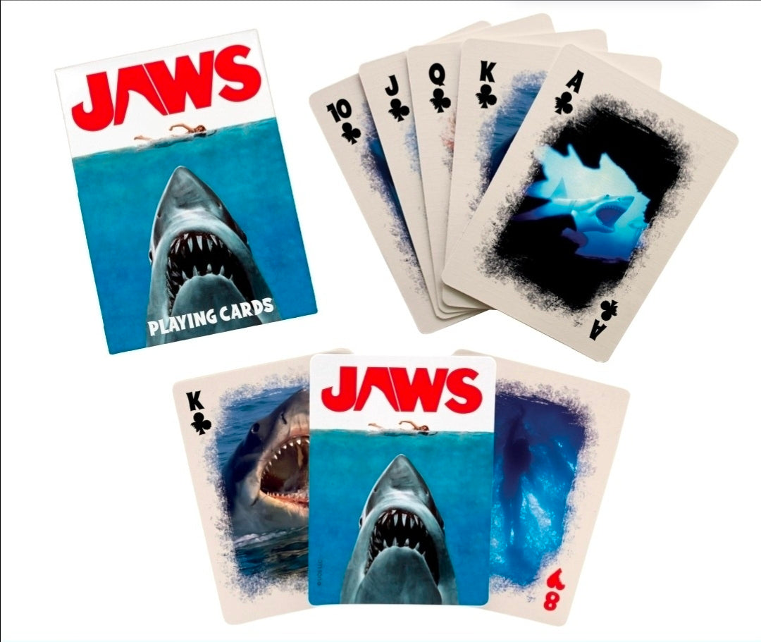 Aquarius Jaws playing cards deck with fan of shark-themed face cards and title card