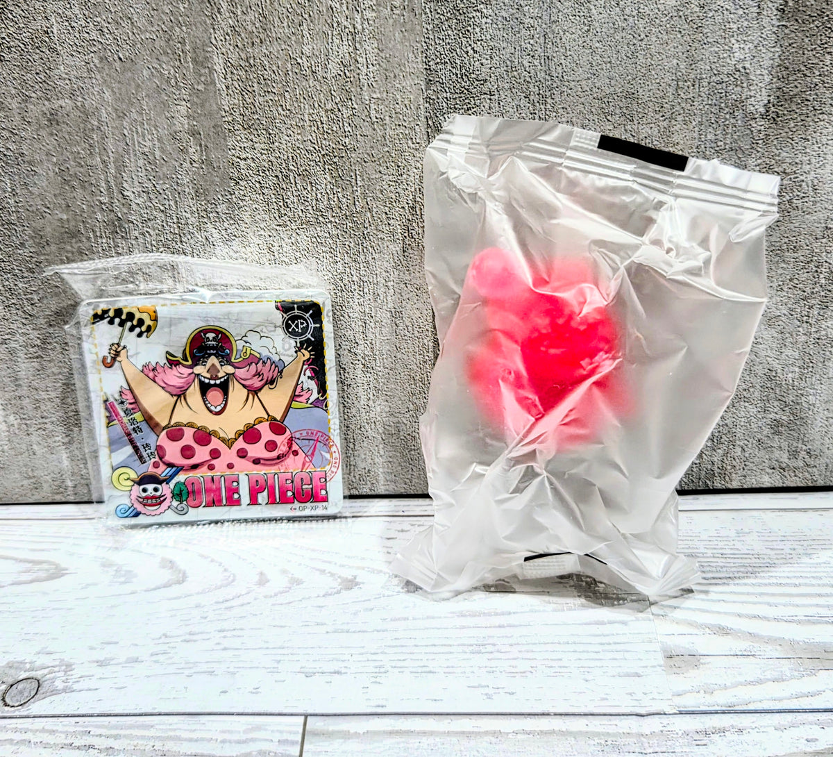 Small One Piece character card and clear plastic bag with translucent pink figure