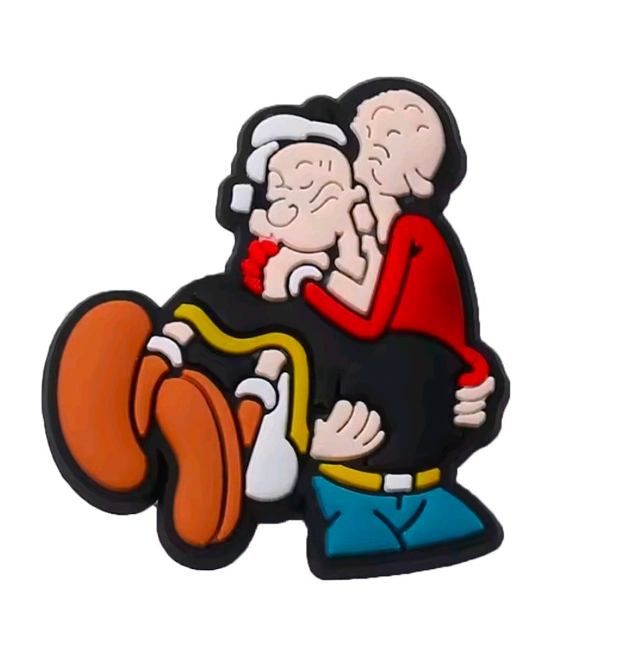 Popeye PVC shoe charm showing Popeye with a mustached man in red