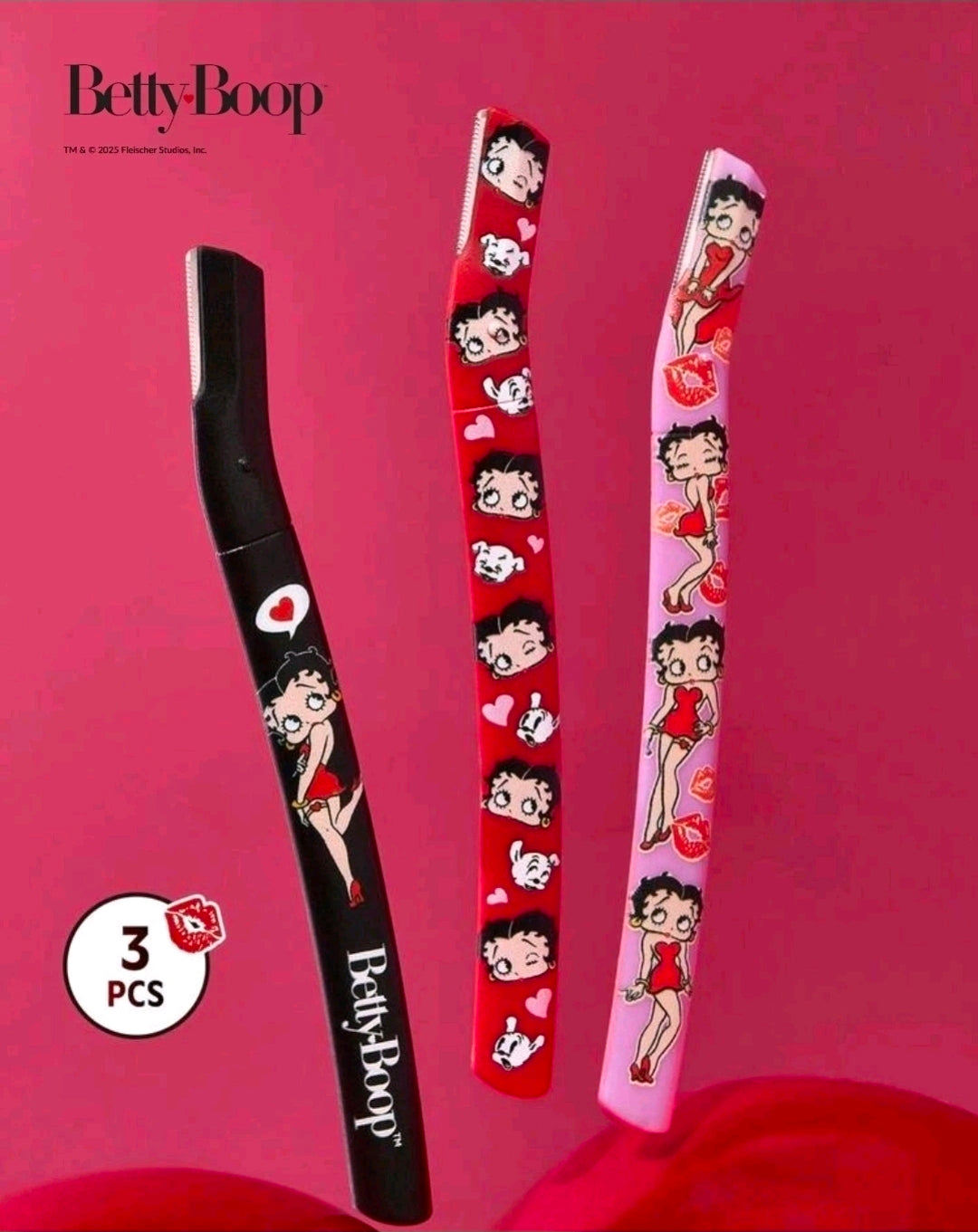 Betty Boop beauty tool set with three brow tweezers in black, red and pink