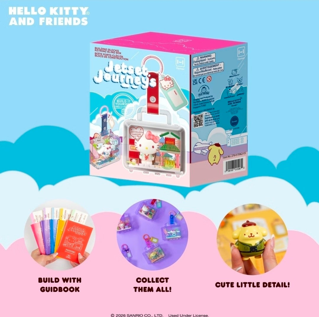 Jetset Journeys building block keychain set, Cinnamoroll-themed retail box