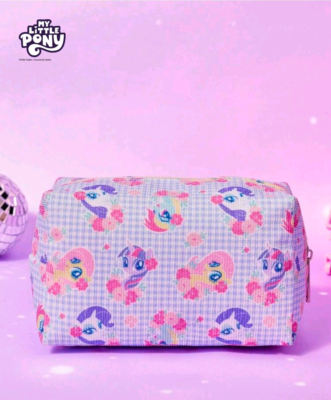 Rectangular zip pouch in light-blue gingham with repeating pony faces and pink accents