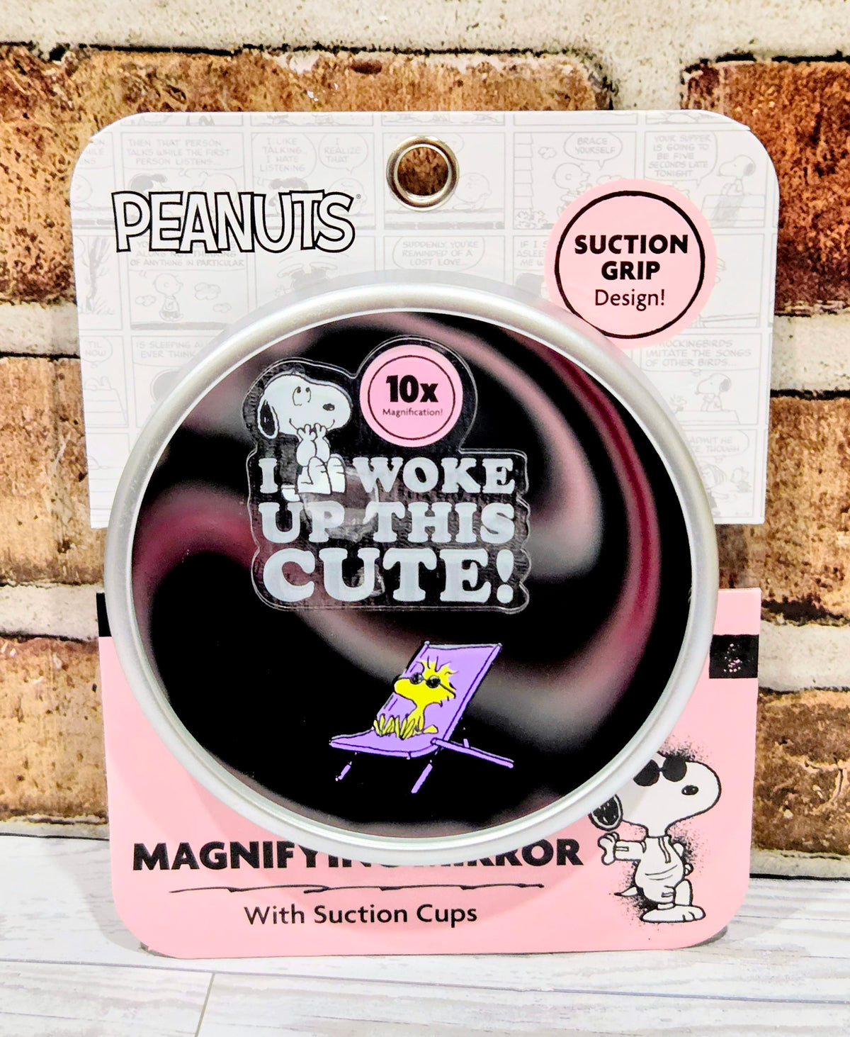 Snoopy magnifying mirror package with round 10x lens, 'Woke Up This Cute!'
