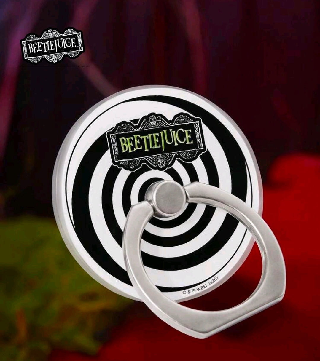 Metal phone ring grip with circular spiral graphic and raised ring handle