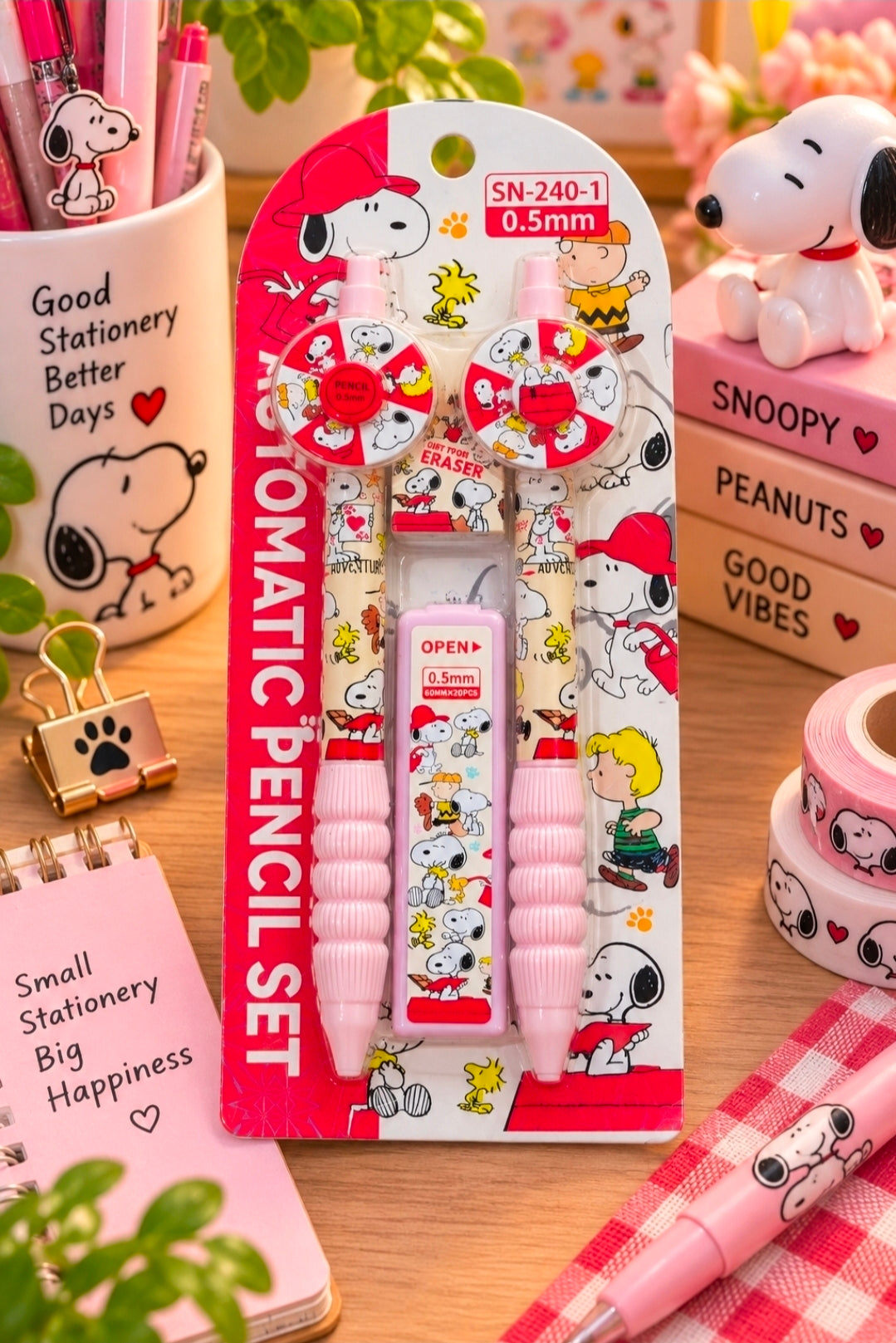 Peanuts Snoopy Pink Red Fidget Spinner Mechanical Pencil Set 0.5mm Lead