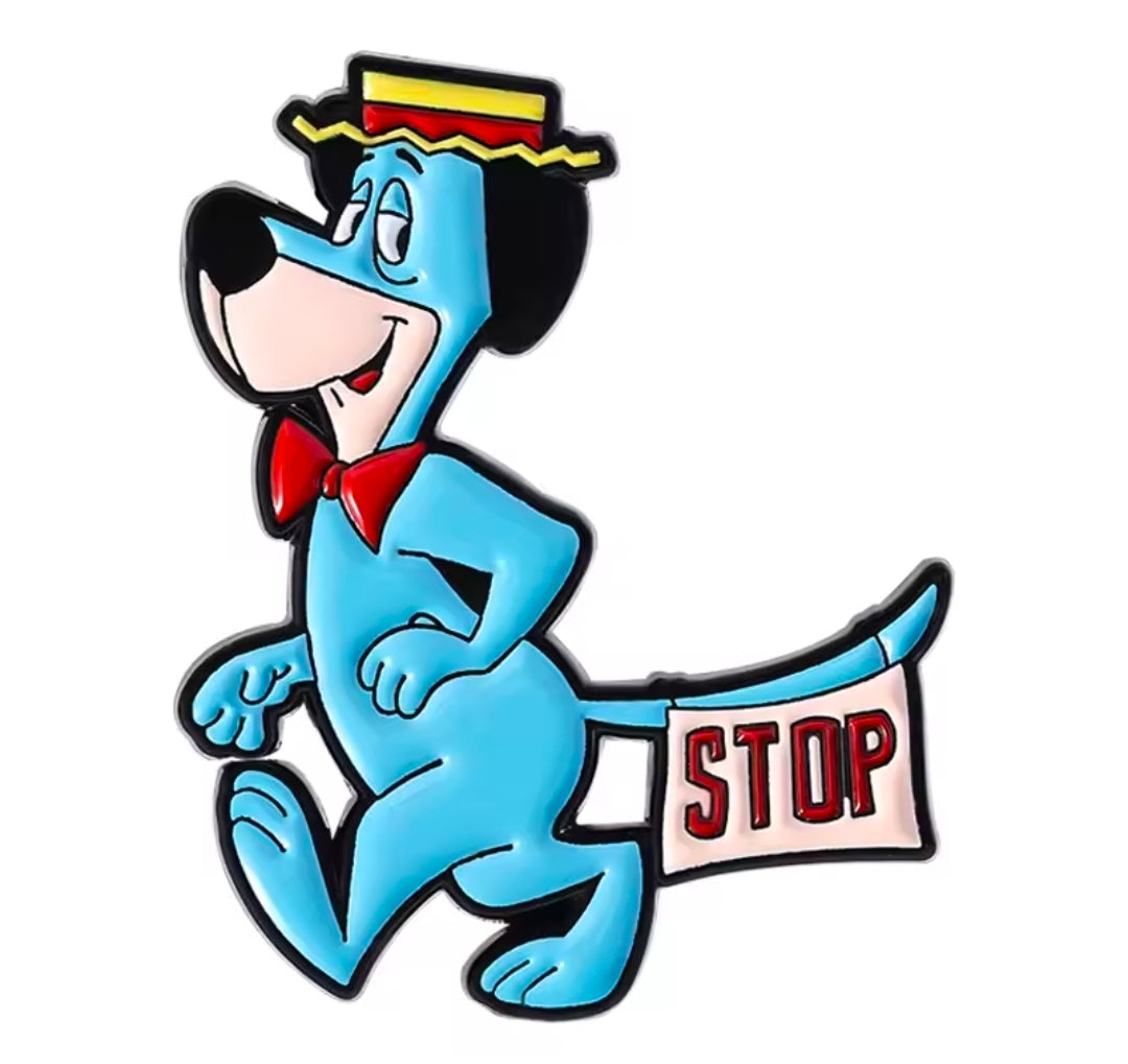 Enamel pin of blue Huckleberry Hound running with a red STOP sign