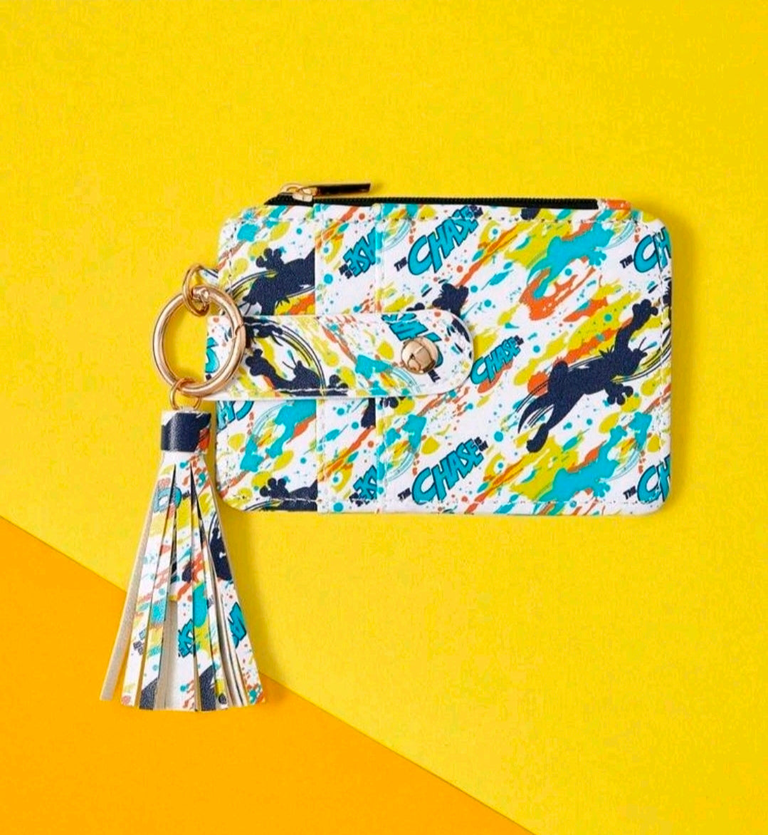 Paint-splash zipper keychain wallet with metal ring and tassel, side angle