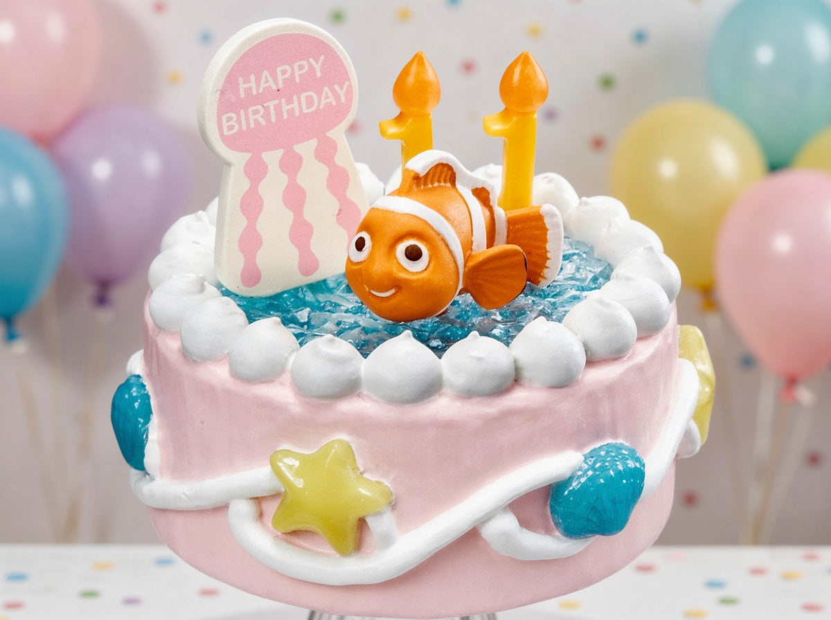 Birthday ocean cake mini figure with clownfish, blue water, star charm, and candle topper