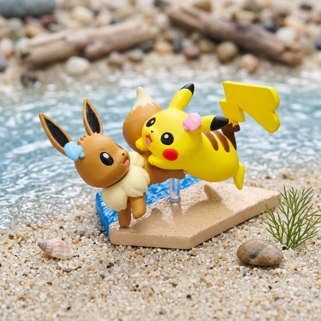 Seaside mini figure set: brown Eevee and yellow Pikachu on blue water platform with stand